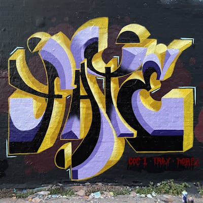 Violet and Yellow and Black Stylewriting by Fate.01. This Graffiti is located in London, United Kingdom and was created in 2022. This Graffiti can be described as Stylewriting and Wall of Fame.