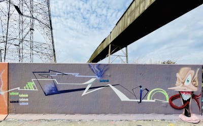 Colorful Stylewriting by Vino AAA. This Graffiti is located in Essex, United Kingdom and was created in 2022. This Graffiti can be described as Stylewriting, Characters, Futuristic and Wall of Fame.