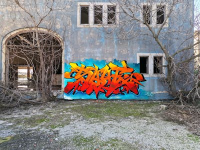Orange and Red Stylewriting by Shuen_STBcew and Classiks. This Graffiti is located in Lemnos, Greece and was created in 2021. This Graffiti can be described as Stylewriting and Abandoned.