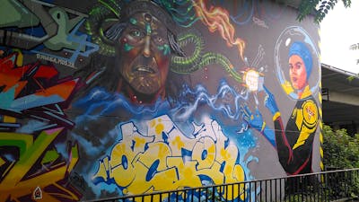 Colorful and Yellow and Blue Stylewriting by Tris, acton and gian.ba1. This Graffiti is located in Wiesbaden, Germany and was created in 2023. This Graffiti can be described as Stylewriting, Characters and Murals.