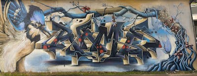 Blue and Beige Stylewriting by RAME. This Graffiti is located in Bielefeld, Germany and was created in 2023. This Graffiti can be described as Stylewriting and Characters.