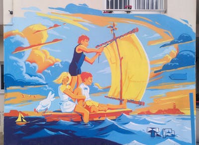 Yellow and Orange and Light Blue Characters by Tris. This Graffiti is located in Paimpol, France and was created in 2023. This Graffiti can be described as Characters, Streetart and Murals.