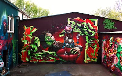 Red and Light Green Stylewriting by Searok, Rowdy, Posa and Mone. This Graffiti is located in Hamburg, Germany and was created in 2018. This Graffiti can be described as Stylewriting, Wall of Fame, Characters and Streetart.