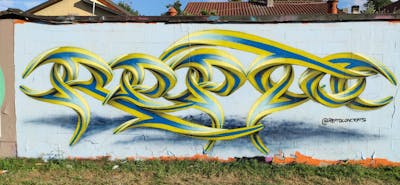 Yellow and Blue 3D by Repto and ILRCrew. This Graffiti is located in Milano, Italy and was created in 2022. This Graffiti can be described as 3D, Stylewriting and Wall of Fame.