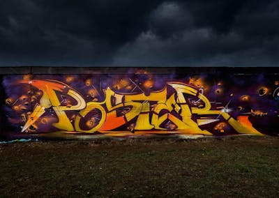 Orange and Colorful Stylewriting by Poster. This Graffiti is located in HALLE, Germany and was created in 2018.