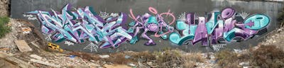 Violet and Cyan Stylewriting by CDSK, mono, Dasco and Chips. This Graffiti is located in London, United Kingdom and was created in 2023. This Graffiti can be described as Stylewriting, Characters and Abandoned.