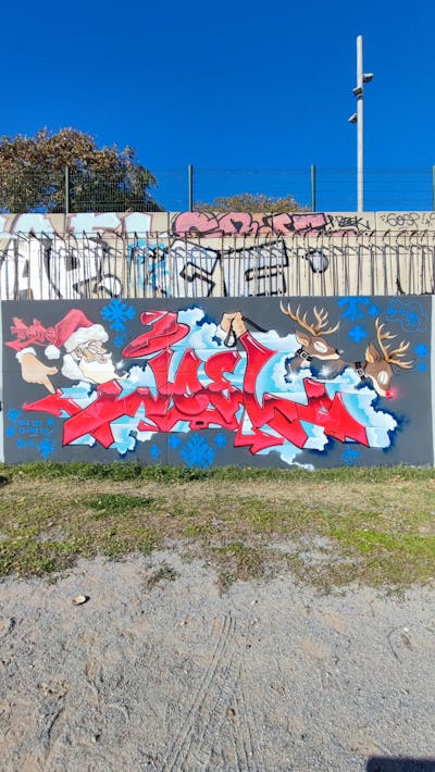 Red and Light Blue Stylewriting by El Joel. This Graffiti is located in Barcelona, Spain and was created in 2021. This Graffiti can be described as Stylewriting, Characters and Wall of Fame.