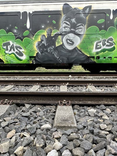 Grey and Black and Light Green Characters by Menni96. This Graffiti is located in Switzerland and was created in 2023. This Graffiti can be described as Characters and Trains.