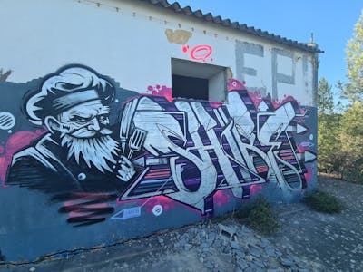 Chrome and Coralle and Grey Stylewriting by Shibe. This Graffiti is located in Setubal, Portugal and was created in 2023. This Graffiti can be described as Stylewriting, Characters and Abandoned.