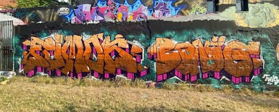 Orange and Colorful Stylewriting by Fumok and BAFÖG. This Graffiti is located in Leipzig, Germany and was created in 2022. This Graffiti can be described as Stylewriting and Wall of Fame.