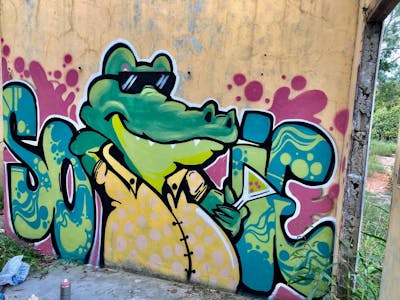 Colorful and Green Stylewriting by Sogie. This Graffiti is located in Batam, Indonesia and was created in 2022. This Graffiti can be described as Stylewriting, Characters and Abandoned.