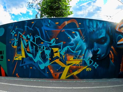 Light Blue and Blue and Yellow Stylewriting by Notes, BTS and POK. This Graffiti is located in Zilina, Slovakia and was created in 2022. This Graffiti can be described as Stylewriting, Characters, Murals, Wall of Fame and Streetart.