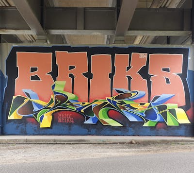 Colorful and Orange Stylewriting by Heny and Briks. This Graffiti is located in Belgium and was created in 2024. This Graffiti can be described as Stylewriting, Roll Up and Wall of Fame.