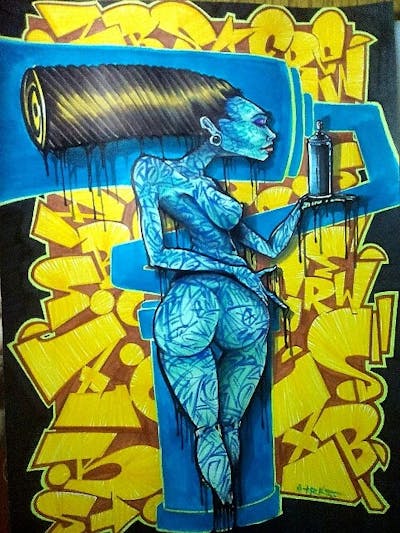 Yellow and Light Blue Blackbook by TRK. This Graffiti is located in Minsk, Belarus and was created in 2022. This Graffiti can be described as Blackbook.