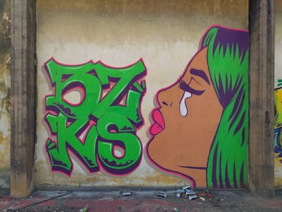 Green and Brown and Violet Stylewriting by bzks. This Graffiti is located in Thessaloniki, Greece and was created in 2022. This Graffiti can be described as Stylewriting, Characters and Abandoned.