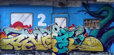 Colorful and Beige and Light Blue Stylewriting by DCK, ALL CAPS COLLECTIVE, Angel, Obie One and CFS. This Graffiti is located in Hungary and was created in 2019.