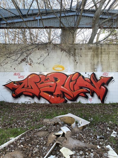 Red Stylewriting by Merlin. This Graffiti is located in Katerini, Greece and was created in 2023. This Graffiti can be described as Stylewriting, Abandoned and Atmosphere.