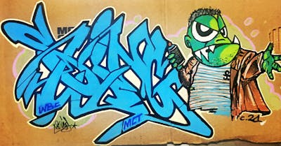 Light Blue and Colorful Stylewriting by Swing. This Graffiti is located in Lyon, France and was created in 2021. This Graffiti can be described as Stylewriting, Characters and Canvas.