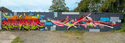 Red and Coralle and Light Green Stylewriting by TMD, Syck, ABS, KKP, Los Capitanos, Wow123 and SUK. This Graffiti is located in Bremen, Germany and was created in 2023. This Graffiti can be described as Stylewriting and Wall of Fame.