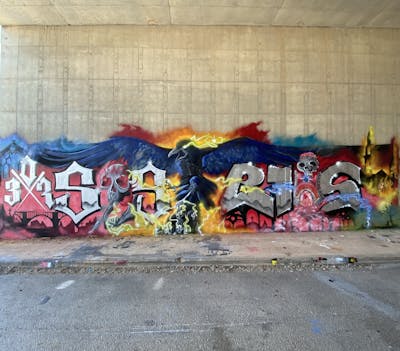 Colorful Wall of Fame by SNS 307 and BTUS. This Graffiti is located in Athens, Greece and was created in 2022. This Graffiti can be described as Wall of Fame, Characters and Stylewriting.