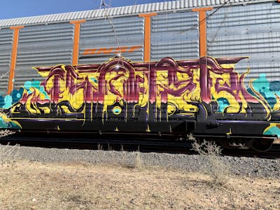 Yellow and Colorful Stylewriting by Asoter. This Graffiti is located in Los Angeles, United States and was created in 2023. This Graffiti can be described as Stylewriting, Trains and Freights.