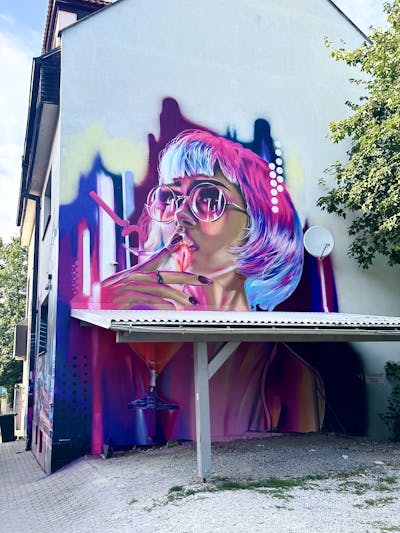 Violet and Coralle and Colorful Characters by Dael and panika71. This Graffiti is located in Žilina, Slovakia and was created in 2023. This Graffiti can be described as Characters, Streetart and Commission.