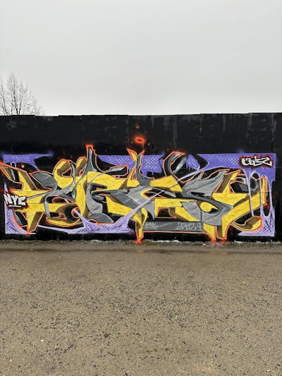 Violet and Yellow and Grey Stylewriting by ORES24. This Graffiti is located in HALLE, Germany and was created in 2024. This Graffiti can be described as Stylewriting and Wall of Fame.
