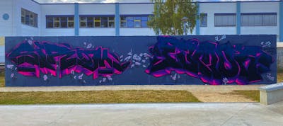 Violet and Black Stylewriting by Sirom and Fumok. This Graffiti is located in Riesa, Germany and was created in 2022. This Graffiti can be described as Stylewriting and Wall of Fame.