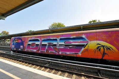 Colorful Stylewriting by Damagers and DRS. This Graffiti is located in Berlin, Germany and was created in 2019. This Graffiti can be described as Stylewriting, Characters, Wholecars and Trains.