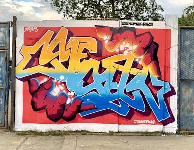 Red and Light Blue and Orange Stylewriting by Mesek. This Graffiti is located in Cali, Colombia and was created in 2023. This Graffiti can be described as Stylewriting and Characters.