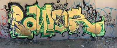 Gold and Light Green Stylewriting by POWDR, LTS and Kog. This Graffiti is located in Los Angeles, United States and was created in 2022. This Graffiti can be described as Stylewriting and Abandoned.