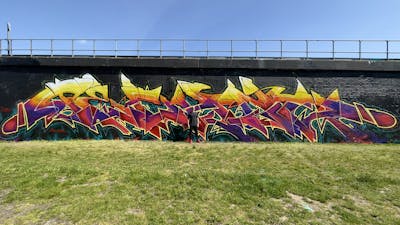 Colorful Stylewriting by Techno, CAS and PAB. This Graffiti is located in London, United Kingdom and was created in 2023. This Graffiti can be described as Stylewriting and Wall of Fame.