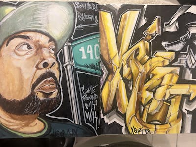 Yellow and Beige and Grey Blackbook by XQIZIT. This Graffiti is located in Jamaica Queens, United States and was created in 2024. This Graffiti can be described as Blackbook.
