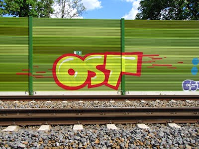 Red and Yellow Stylewriting by urine, Pizar and OST. This Graffiti is located in Leipzig, Germany and was created in 2016. This Graffiti can be described as Stylewriting and Line Bombing.