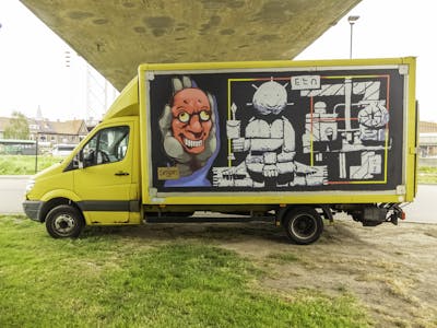 Colorful and Grey Characters by Simian switch and Riq. This Graffiti is located in Rotterdam, Netherlands and was created in 2023. This Graffiti can be described as Characters, Cars and Streetart.