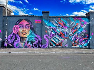 Colorful and Violet Stylewriting by SNUZ and Jamer. This Graffiti is located in Antwerp, Belgium and was created in 2023. This Graffiti can be described as Stylewriting, Characters, Murals and Streetart.