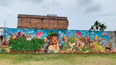 Colorful Stylewriting by Eno_onf, DEV and mozke. This Graffiti is located in Jambi, Indonesia and was created in 2023. This Graffiti can be described as Stylewriting, Characters, Streetart and Murals.