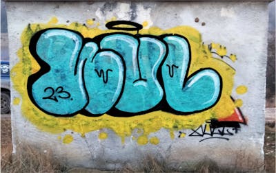 Cyan and Yellow Throw Up by NULL. This Graffiti is located in Sândominic, Romania and was created in 2023.