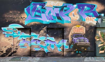 Orange and Violet and Cyan Murals by Graff.Funk, Sirom and Empor. This Graffiti is located in Leipzig, Germany and was created in 2023. This Graffiti can be described as Murals, Stylewriting and Characters.