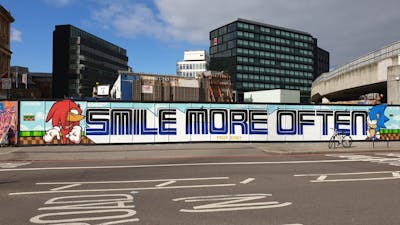 Blue and White and Colorful Stylewriting by smo__crew, TUIS, Sky High, Nelius, Sorez and hertse1. This Graffiti is located in London, United Kingdom and was created in 2021. This Graffiti can be described as Stylewriting, Characters and Atmosphere.