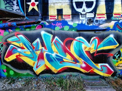 Cyan and Yellow and Colorful Stylewriting by Dyze. This Graffiti is located in Bern, Switzerland and was created in 2024. This Graffiti can be described as Stylewriting and Wall of Fame.