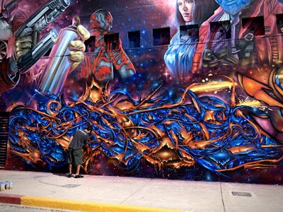 Colorful and Blue and Orange Stylewriting by Asoter. This Graffiti is located in Mexico, Mexico and was created in 2023. This Graffiti can be described as Stylewriting, Characters, Streetart and Murals.