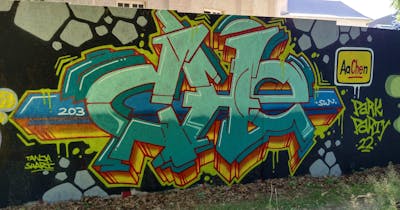 Cyan and Colorful Stylewriting by SW, CHE and 203. This Graffiti is located in Aachen, Germany and was created in 2022. This Graffiti can be described as Stylewriting and Wall of Fame.