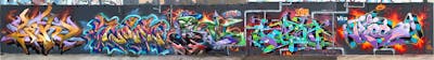 Colorful Stylewriting by YEKO, Derk, Zoink, Copsa and Kies. This Graffiti is located in Valencia, Spain and was created in 2023. This Graffiti can be described as Stylewriting, Characters and Wall of Fame.