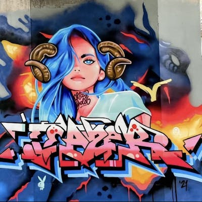 Colorful and Blue and Coralle Stylewriting by Teazer. This Graffiti is located in Sydney, Australia and was created in 2023. This Graffiti can be described as Stylewriting, Characters and Murals.