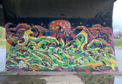 Light Green and Colorful Stylewriting by Fresk. This Graffiti is located in Poznan, Poland and was created in 2021. This Graffiti can be described as Stylewriting, Characters, Streetart, Murals and Wall of Fame.
