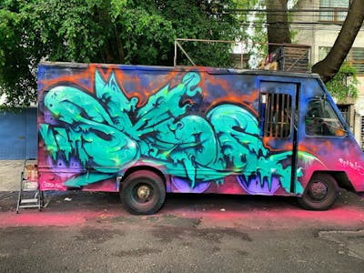 Cyan and Colorful Stylewriting by Skofe. This Graffiti is located in Mexico and was created in 2021. This Graffiti can be described as Stylewriting and Cars.