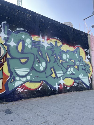 Green and Blue and Yellow Stylewriting by SORIE and 2DX. This Graffiti is located in Tel aviv, Israel and was created in 2023.
