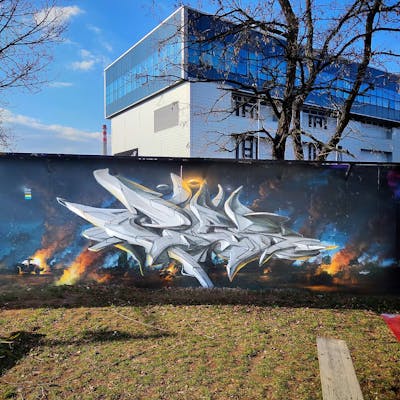 Colorful and Grey 3D by Caer8th. This Graffiti is located in Prague, Czech Republic and was created in 2022. This Graffiti can be described as 3D, Futuristic and Stylewriting.