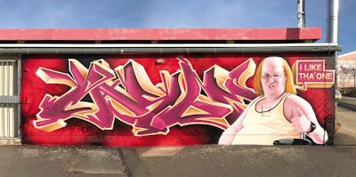 Beige and Red Characters by casom and 7hells. This Graffiti is located in Radebeul, Germany and was created in 2019. This Graffiti can be described as Characters and Stylewriting.